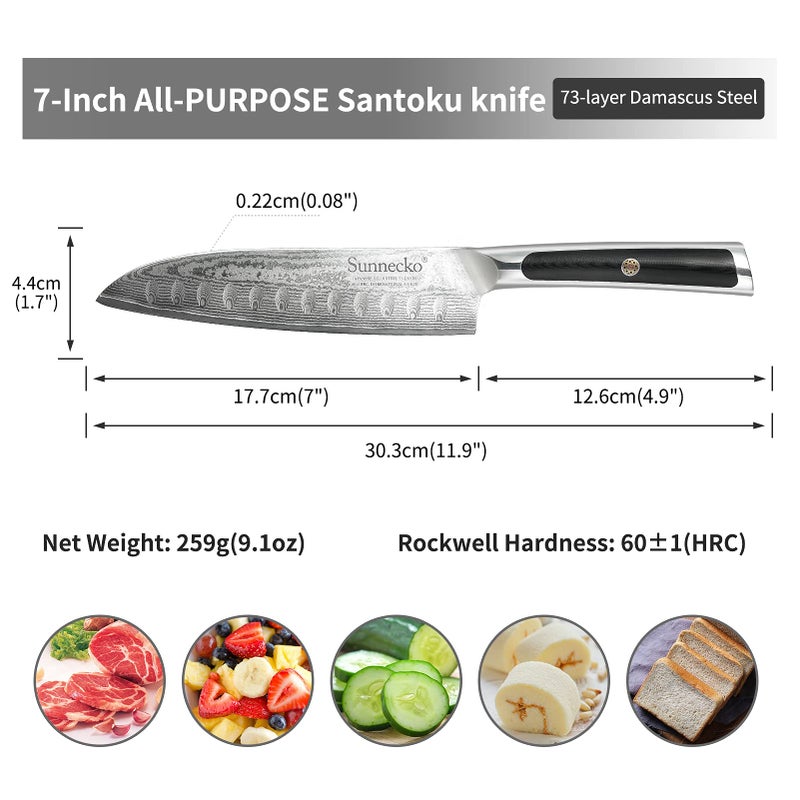 Sunnecko Kitchen Knife Japanese Damascus Santoku Knife 7 Inch,High Carbon Steel Cooking Knife Professional with G10 Handle - Image 4